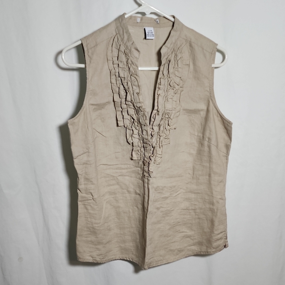 Sleeveless Ruffle Front Tan Top
